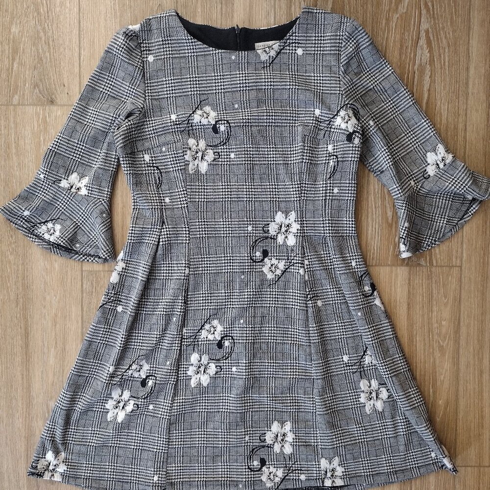 Plaid Houndstooth Floral Bell Sleeve Fit & Flare Dress Sz L-XL
